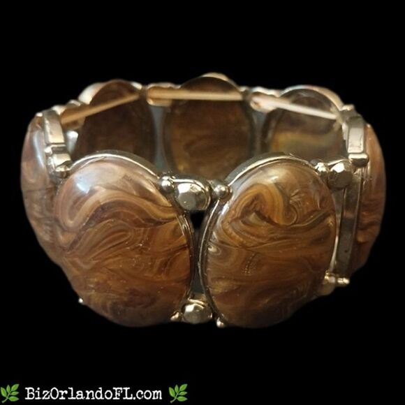 VINTAGE: Gold Tone Link Stretch Bracelet w/ Brown Swirl Acrylic Cabochons *RARE* - Picture 1 of 7